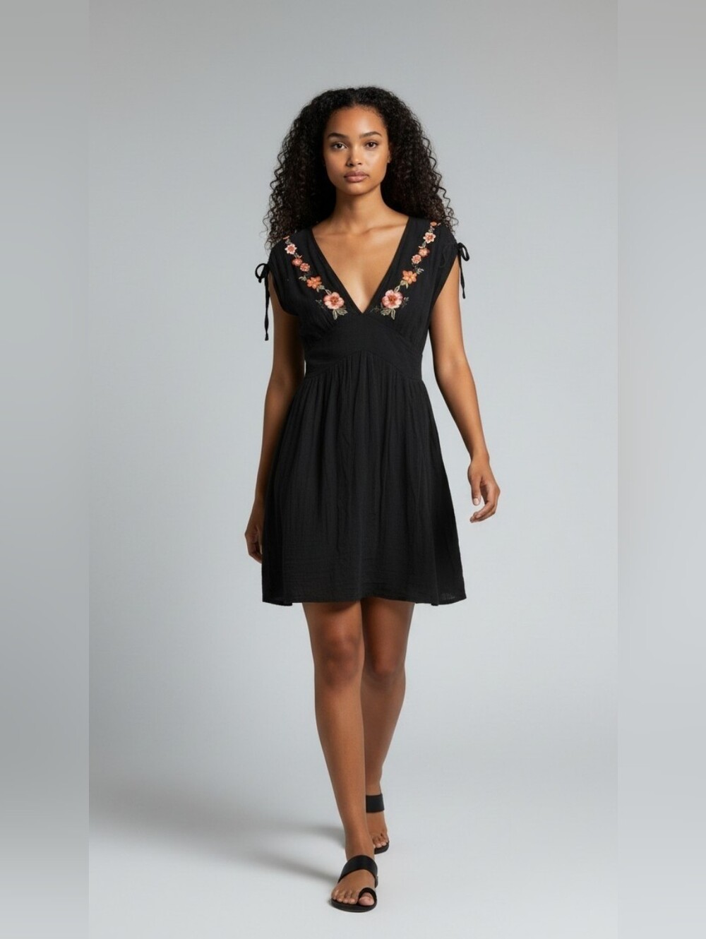 Forever 21 Black Mini Dress Deep V- Neck with Floral Embroidery Misses Medium